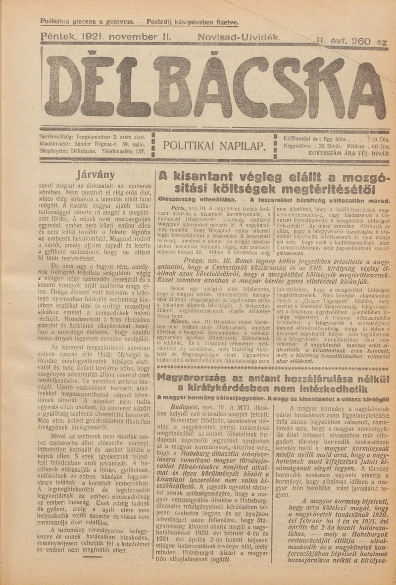 Délbácska, 2. évf. 1921. november 11. 260. sz.