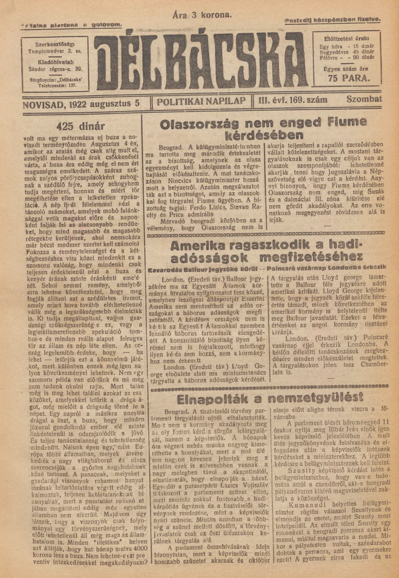 Délbácska, 3. évf. 1922. augusztus 5. 169. sz.