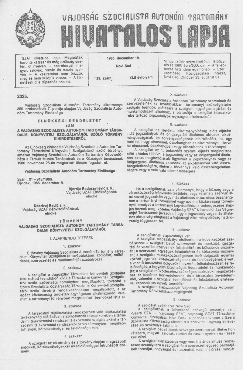 Vajdaság Szocialista Autonóm Tartomány Hivatalos Lapja, 42. évf. 1986. december 19. 29. sz.