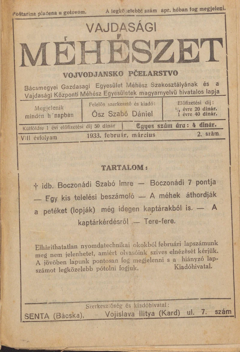 Vajdasági méhészet, 8. évf. 1933. február 1. – március 1. 2. sz.