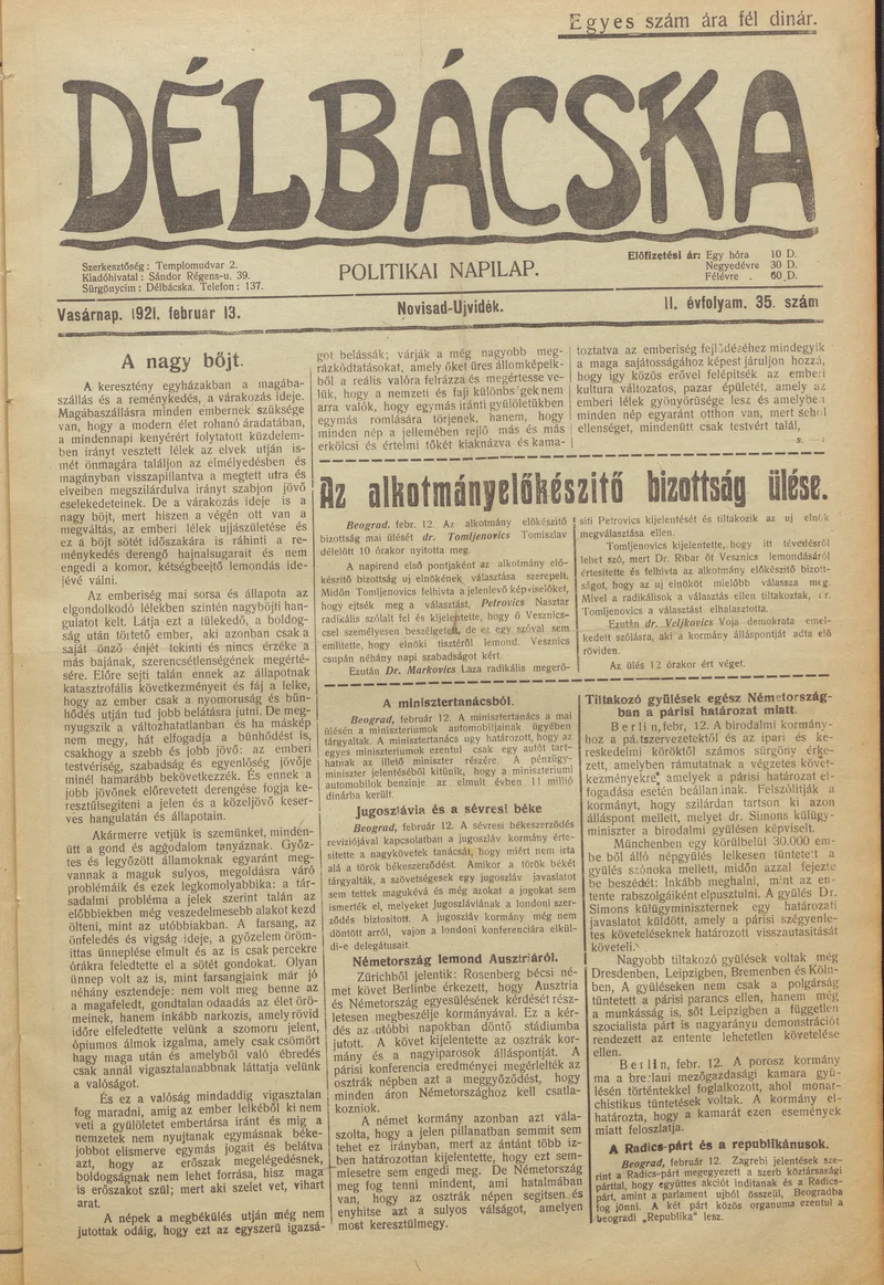 Délbácska, 2. évf. 1921. február 13. 35. sz.