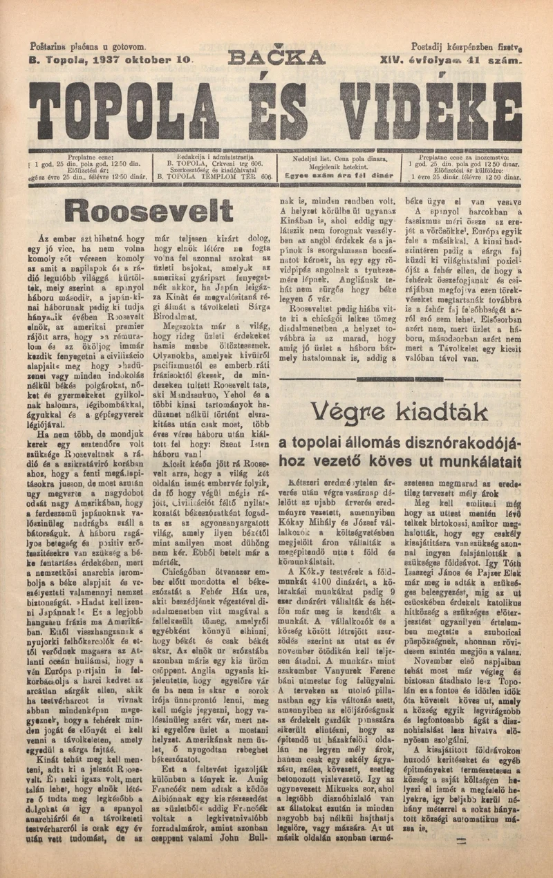 Bačka Topola és Vidéke, 14. évf. 1937. október 10. 41. sz.