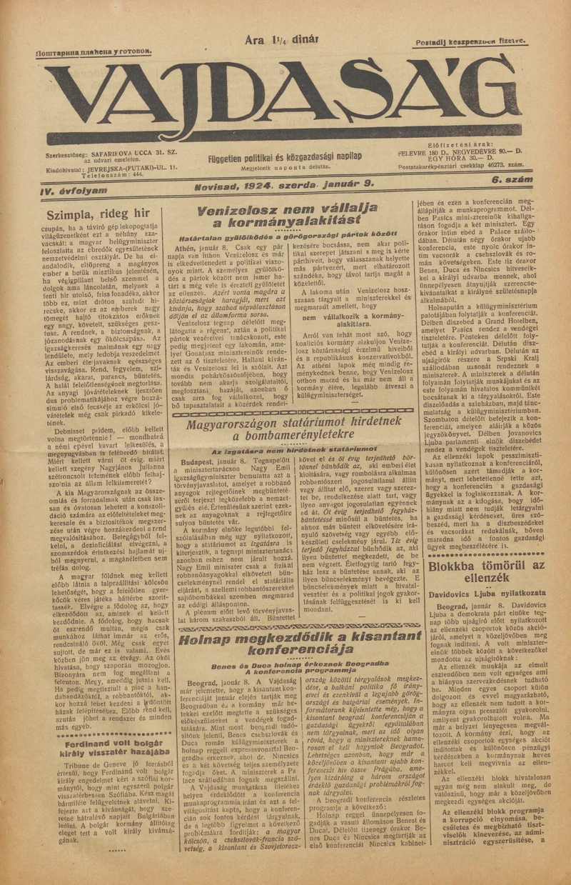 Vajdaság, 4. évf. 1924. január 9. 6. sz.