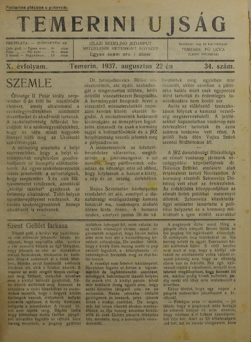 Temerini Újság 1928-1944, 10. évf. 1937. augusztus 22. 34. sz.