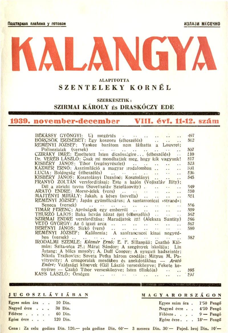 Kalangya, 8. évf. 1939. november – december. 11–12. sz. 497–600. oldal
