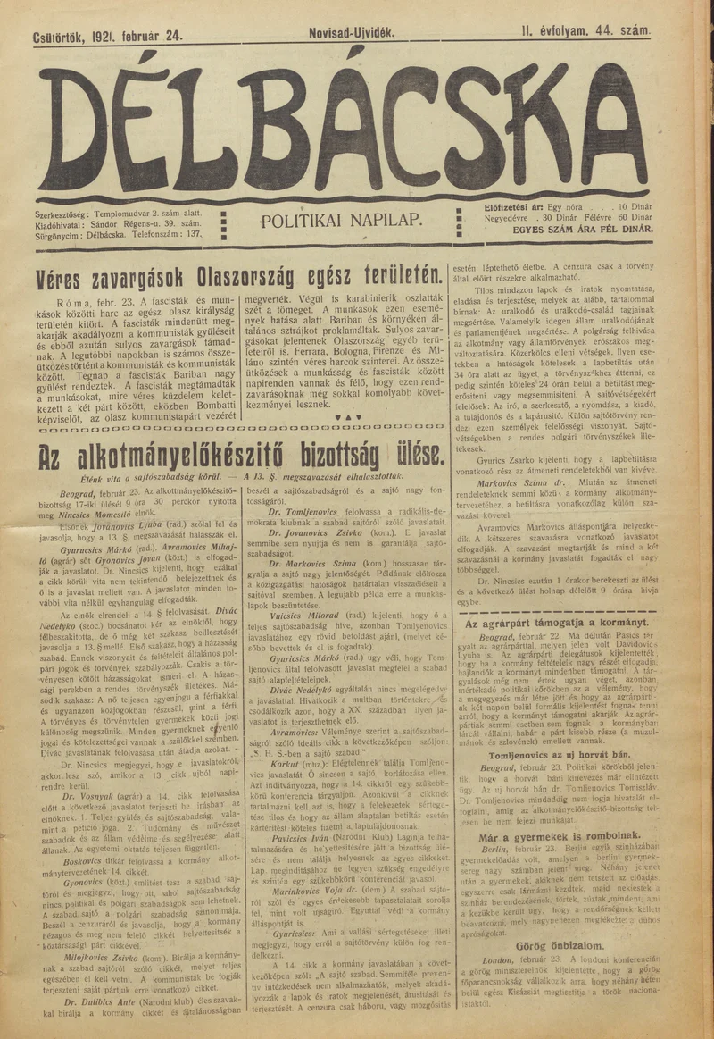 Délbácska, 2. évf. 1921. február 24. 44. sz.
