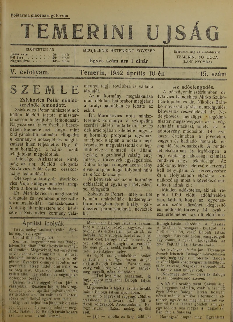 Temerini Újság 1928-1944, 5. évf. 1932. április 10. 15. sz.