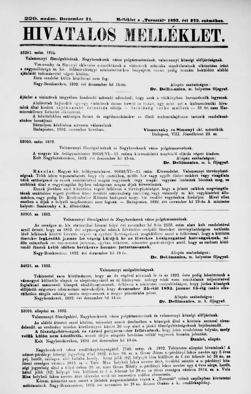 A Totontál  hivatalos melléklete, 5. évf. 1892. december 21. 229. sz.