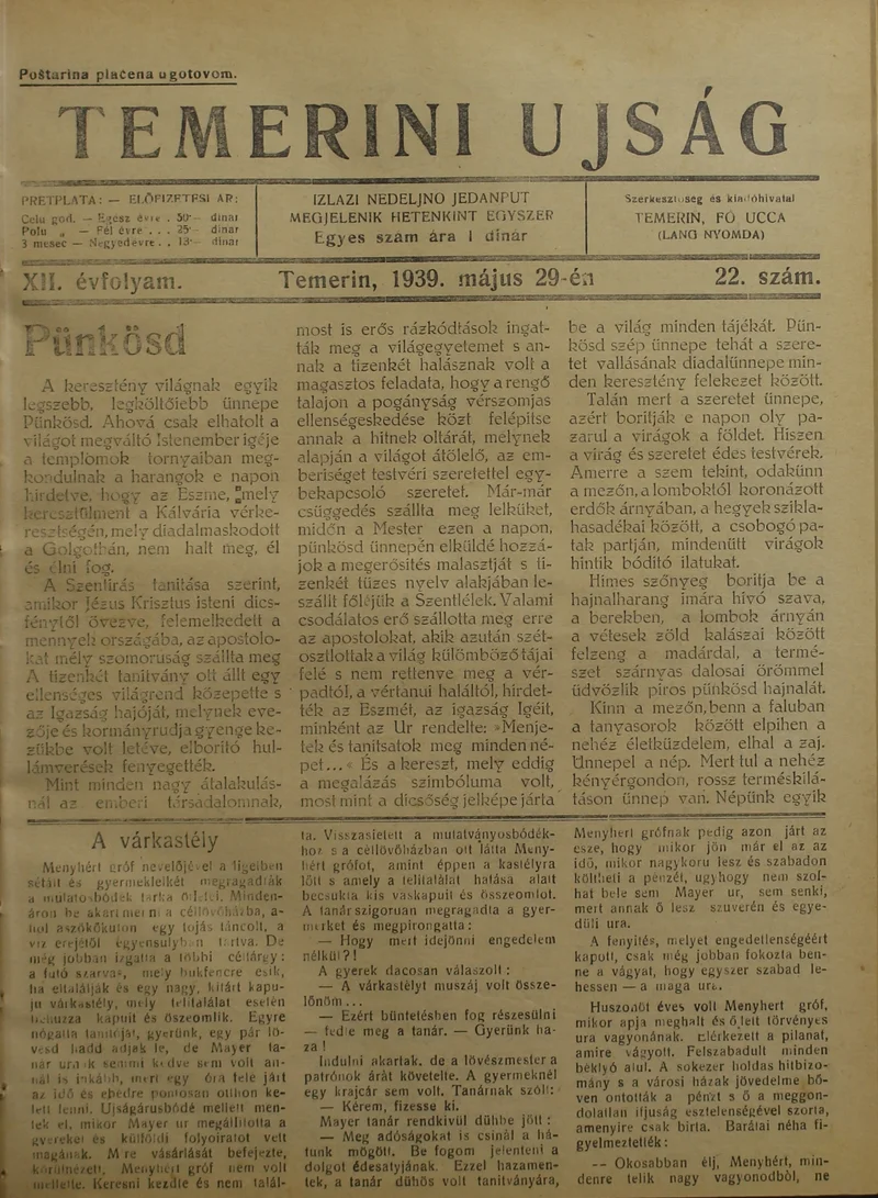 Temerini Újság 1928-1944, 12. évf. 1939. május 29. 22. sz.