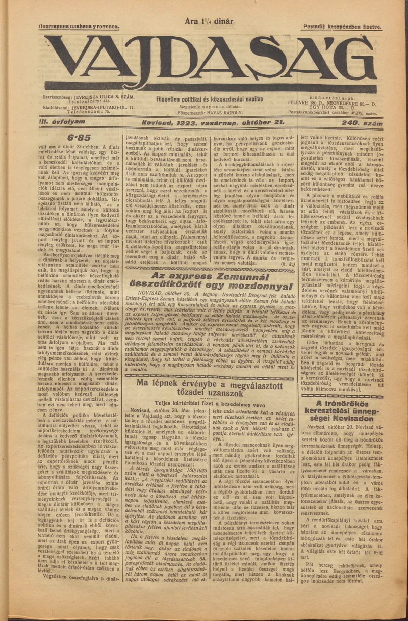 Vajdaság, 3. évf. 1923. október 21. 240. sz.