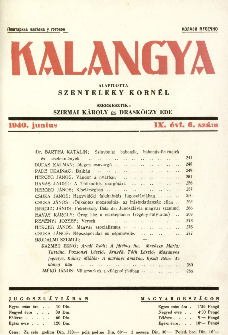 Kalangya, 9. évf. 1940. június. 6. sz. 241–288. oldal