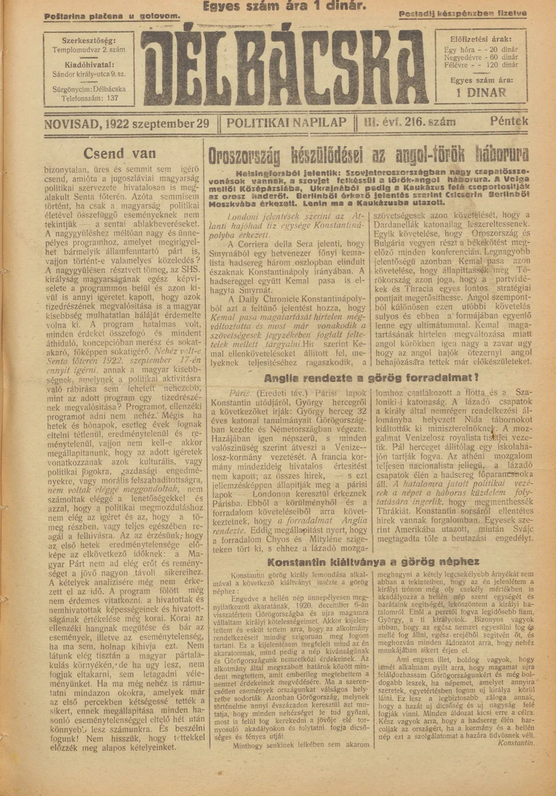 Délbácska, 3. évf. 1922. szeptember 29. 216. sz.