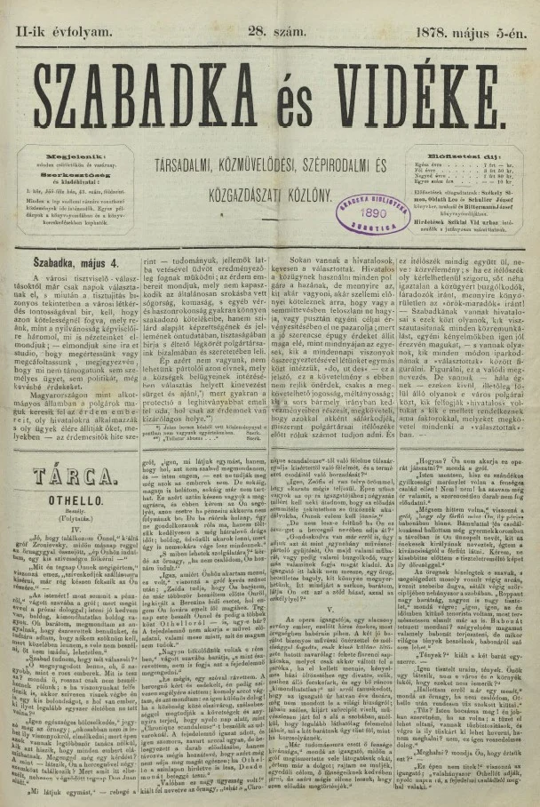 Szabadka és vidéke, 2. évf. 1878. május 5. 28. sz.