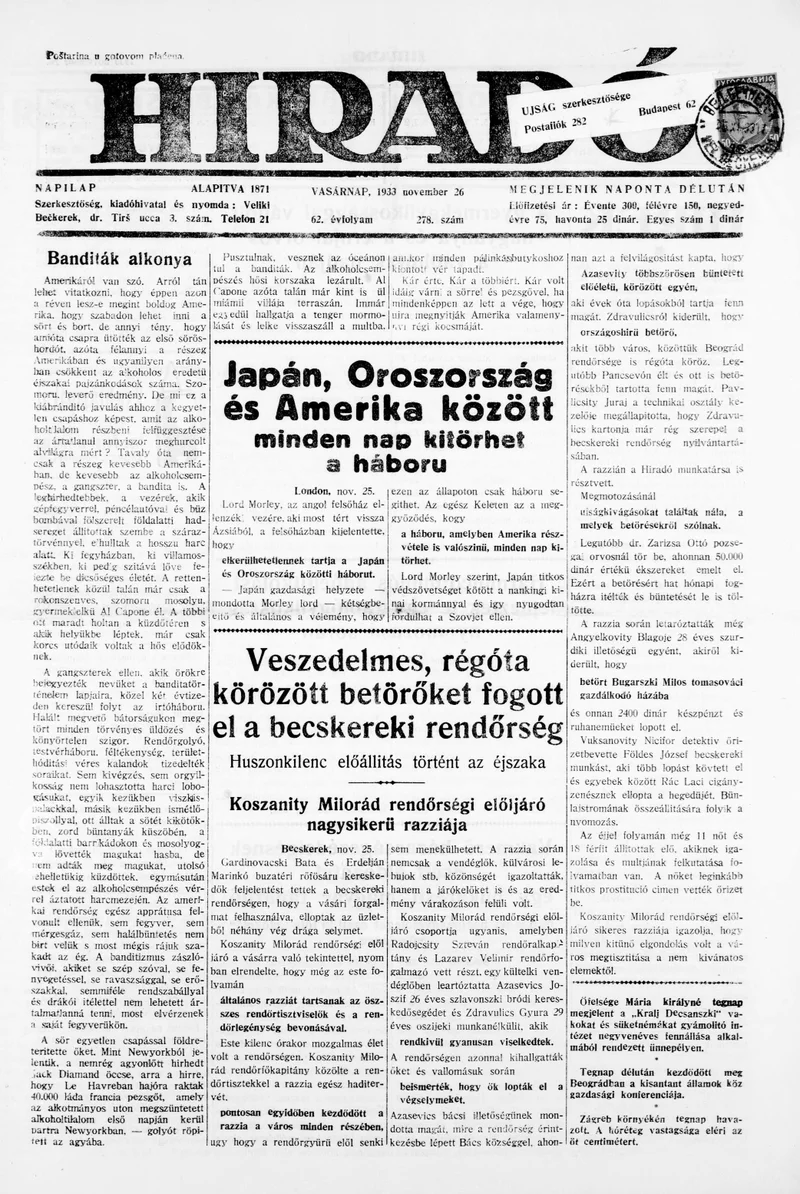Híradó, 62. évf. 1933. november 26. 278. sz.