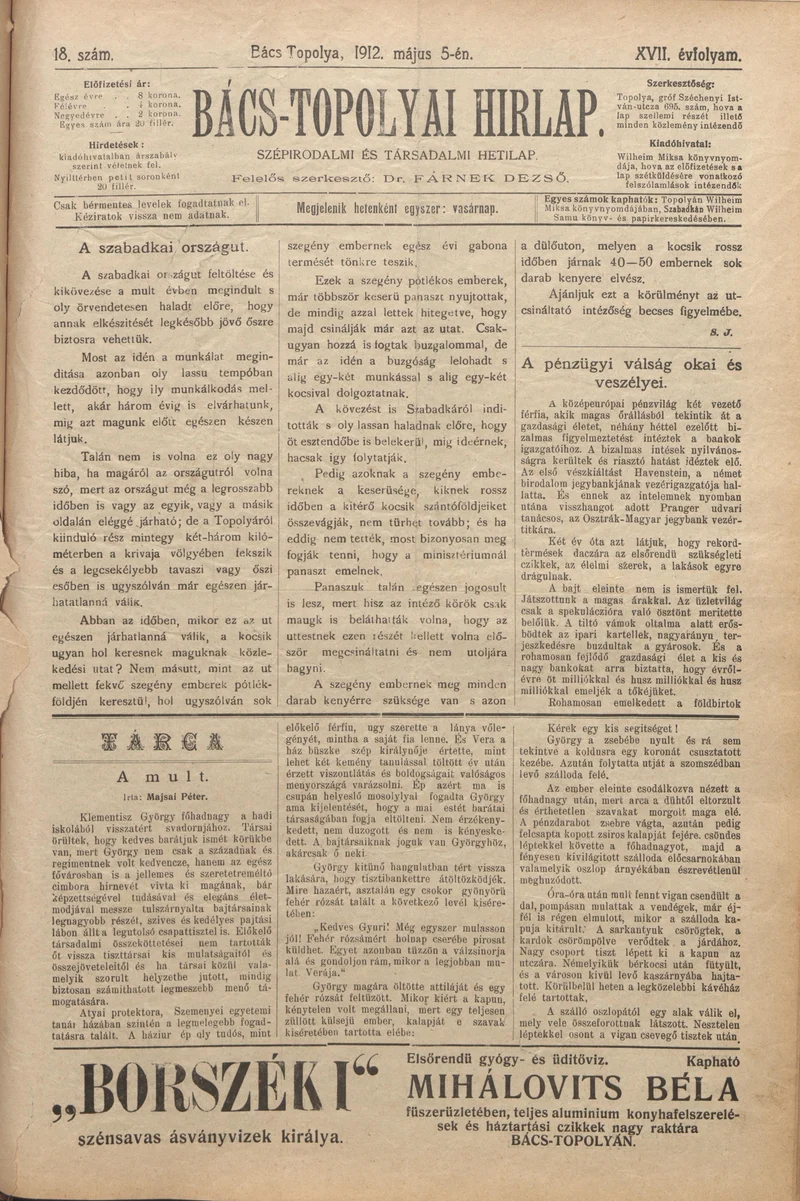 Bács-Topolyai Hirlap, 17. évf. 1912. május 5. 18. sz.