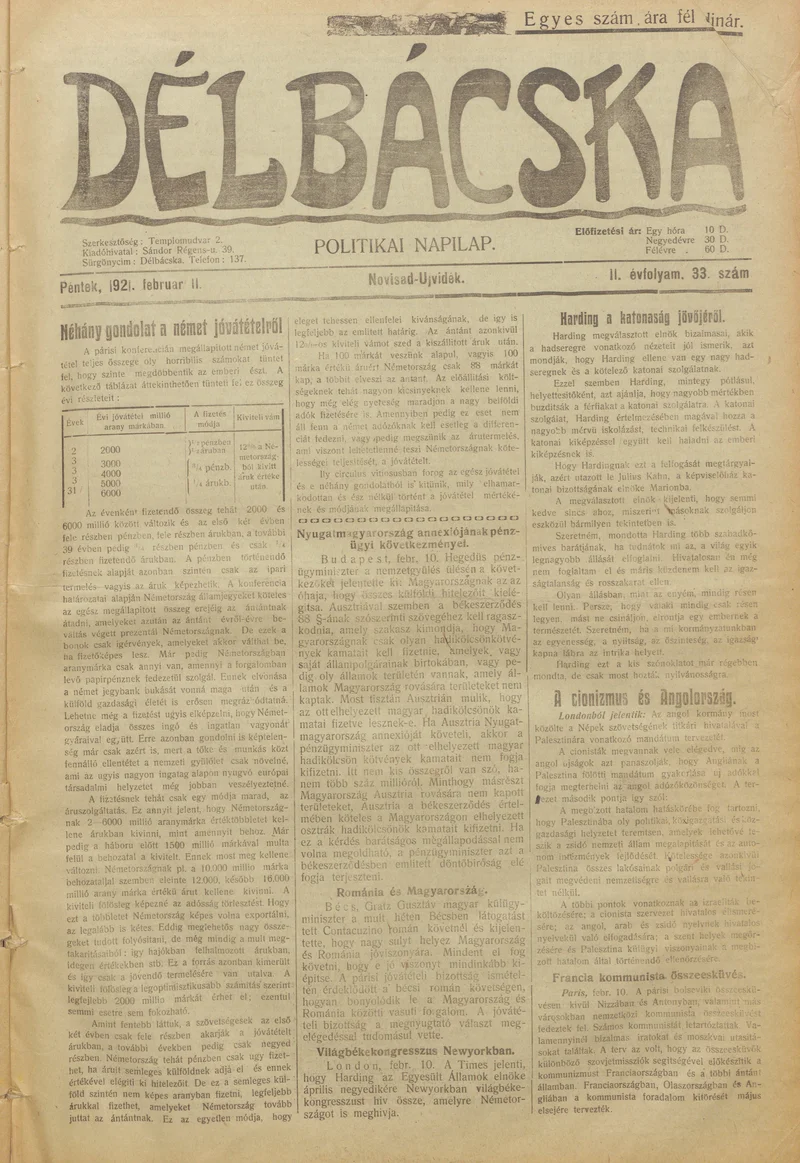 Délbácska, 2. évf. 1921. február 11. 33. sz.