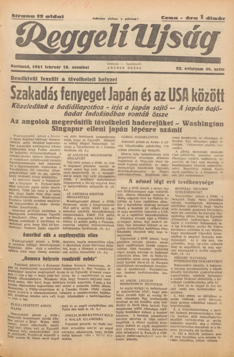 Reggeli Újság, 22. évf. 1941. február 15. 46. sz.