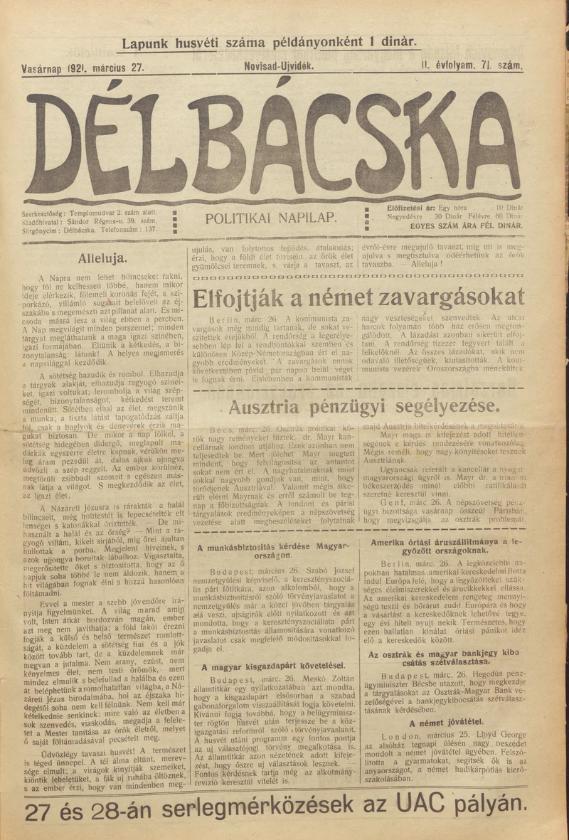 Délbácska, 2. évf. 1921. március 27. 71. sz.