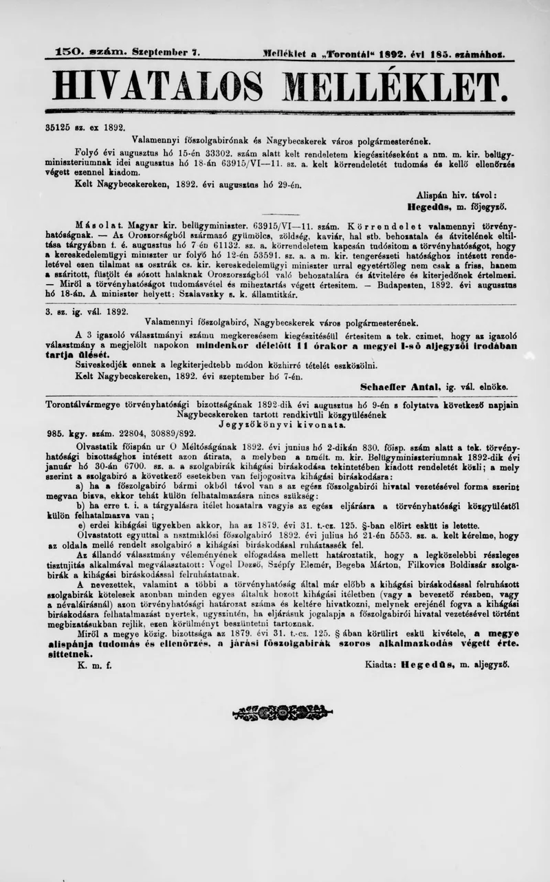 A Totontál  hivatalos melléklete, 5. évf. 1892. szeptember 7. 150. sz.