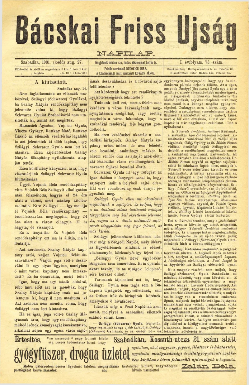 Bácskai Friss Ujság, 1. évf. 1901. augusztus 28. 73. sz.