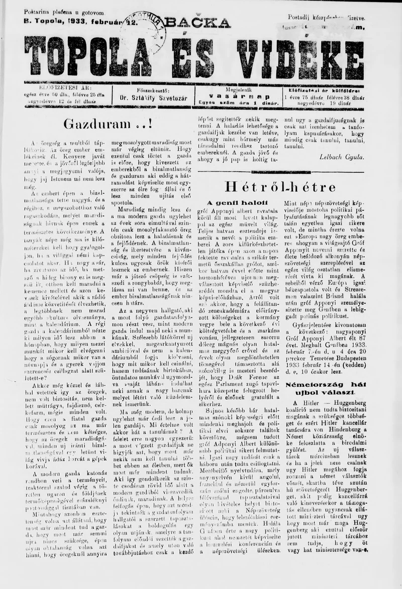 Bačka Topola és Vidéke, 10. évf. 1933. február 12. 7. sz.