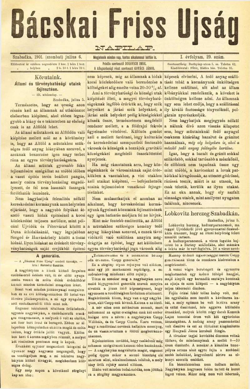 Bácskai Friss Ujság, 1. évf. 1901. július 6. 29. sz.