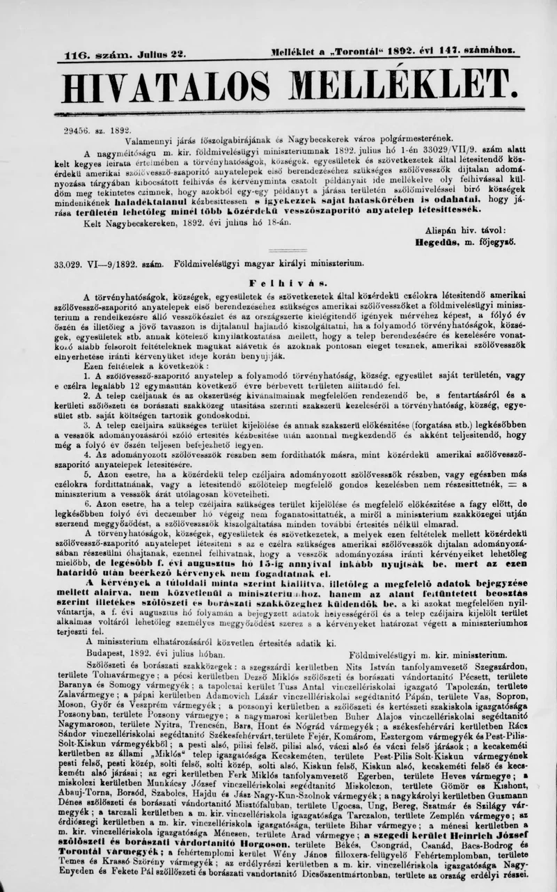 A Totontál  hivatalos melléklete, 5. évf. 1892. július 22. 116. sz.