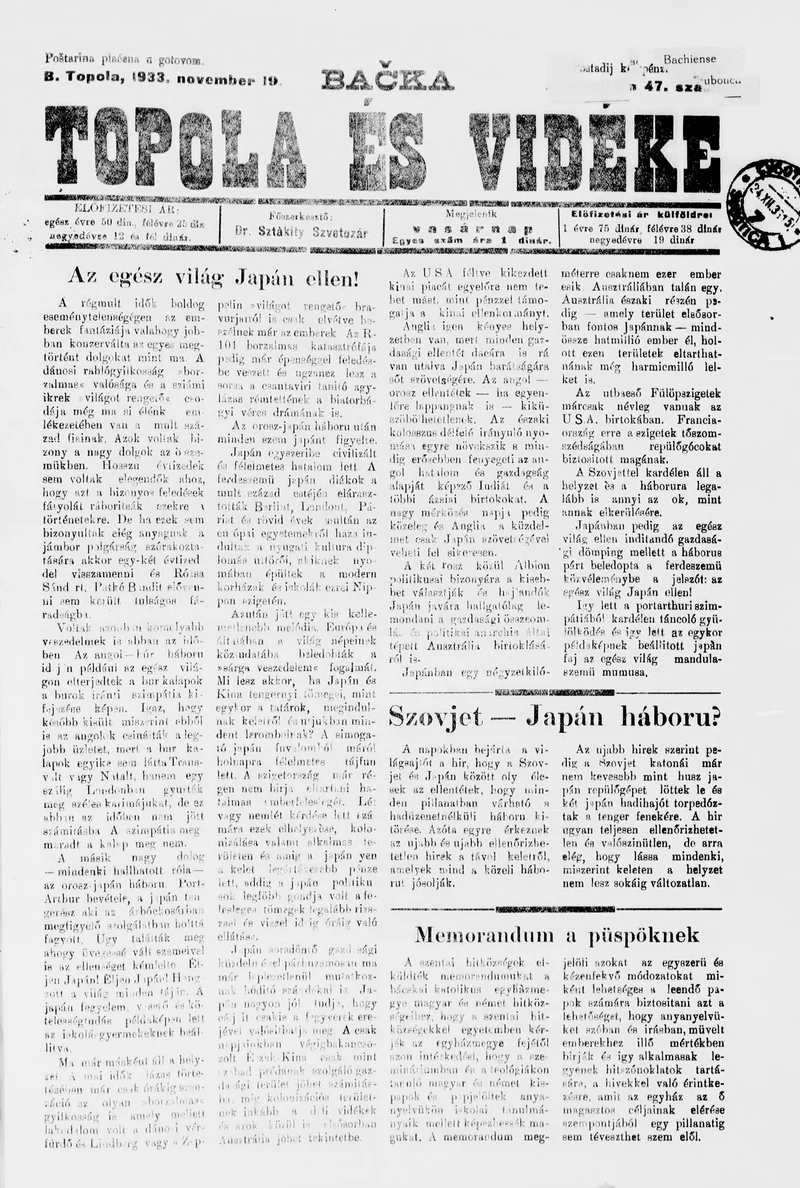 Bačka Topola és Vidéke, 10. évf. 1933. november 19. 47. sz.