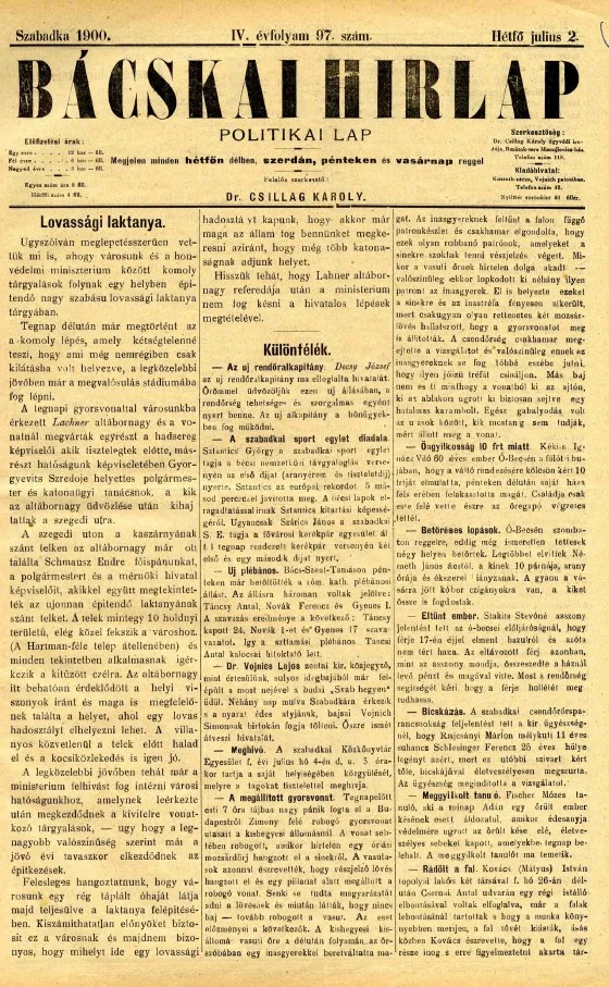 Bácskai Hirlap, 4. évf. 1900. július 2. 97. sz.