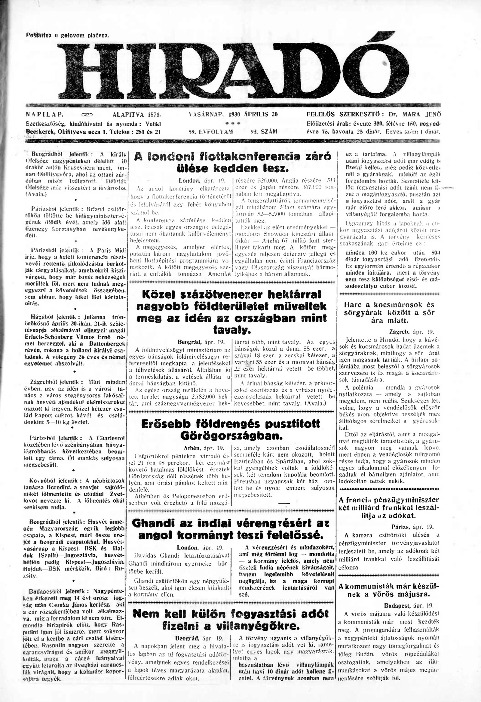 Híradó, 59. évf. 1930. április 20. 93. sz.