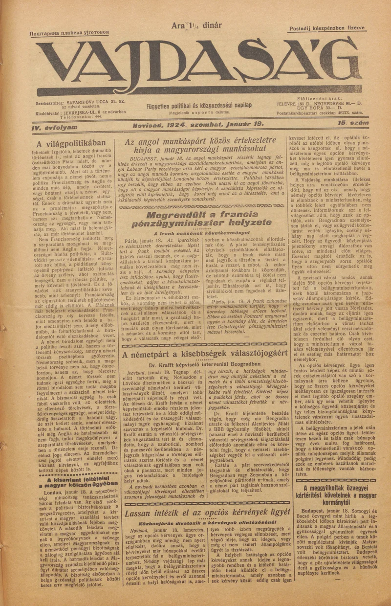 Vajdaság, 4. évf. 1924. január 19. 15. sz.