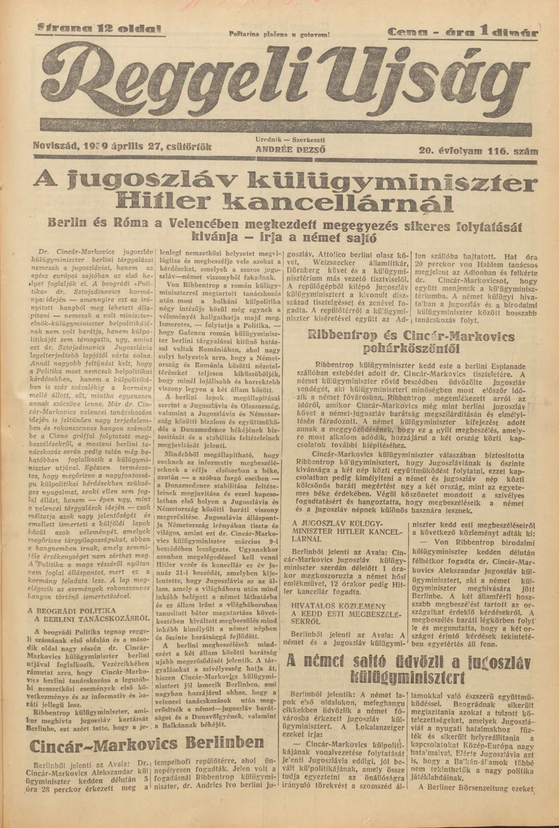 Reggeli Újság, 20. évf. 1939. április 27. 116. sz.