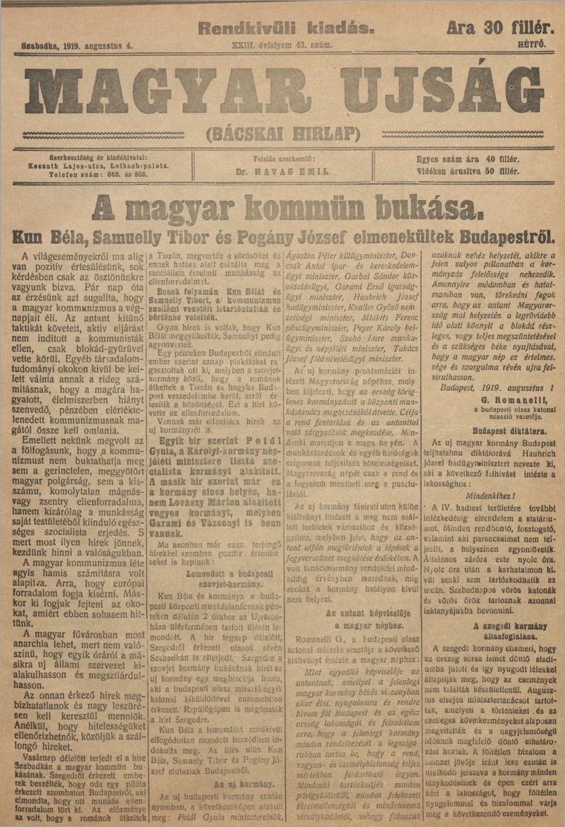 Bácskai Hirlap, 23. évf. 1919. augusztus 4. 43. sz.