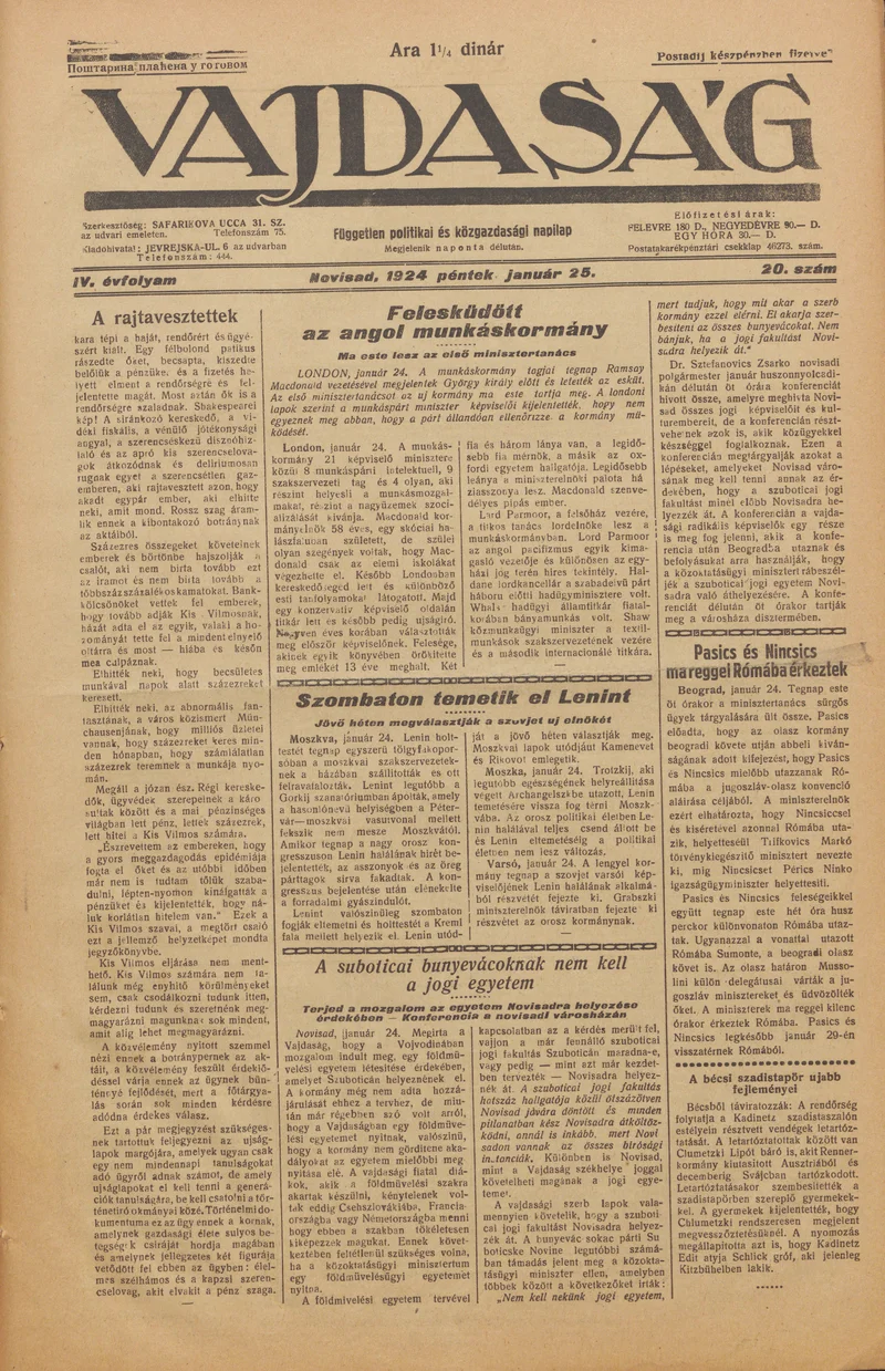 Vajdaság, 4. évf. 1924. január 25. 20. sz.