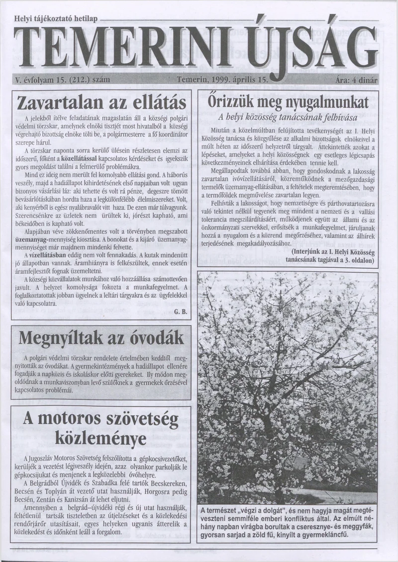 Temerini Újság, 5. évf. 1999. április 15. 15. sz.