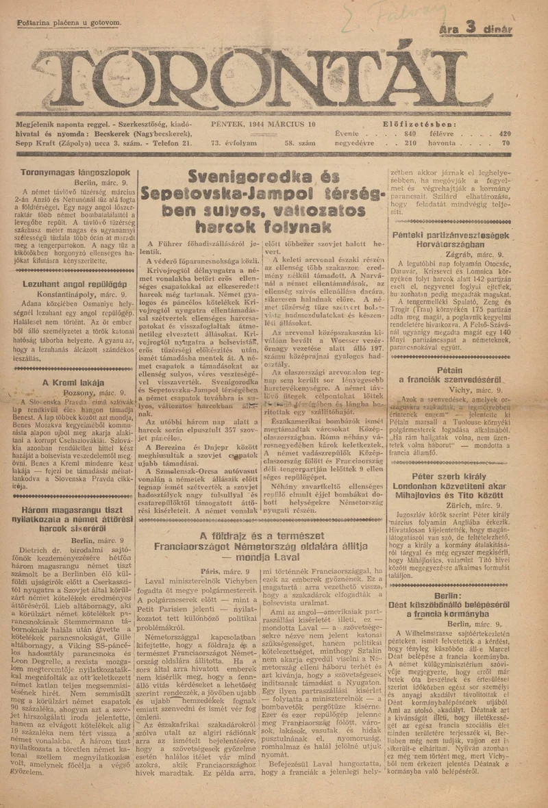 Torontál, 73. évf. 1944. március 10. 58. sz.