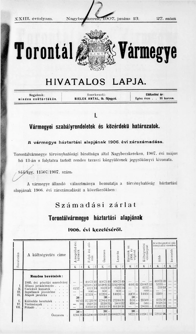 Torontál Vármegye Hivatalos Lapja, 23. évf. 1907. június 13. 27. sz.