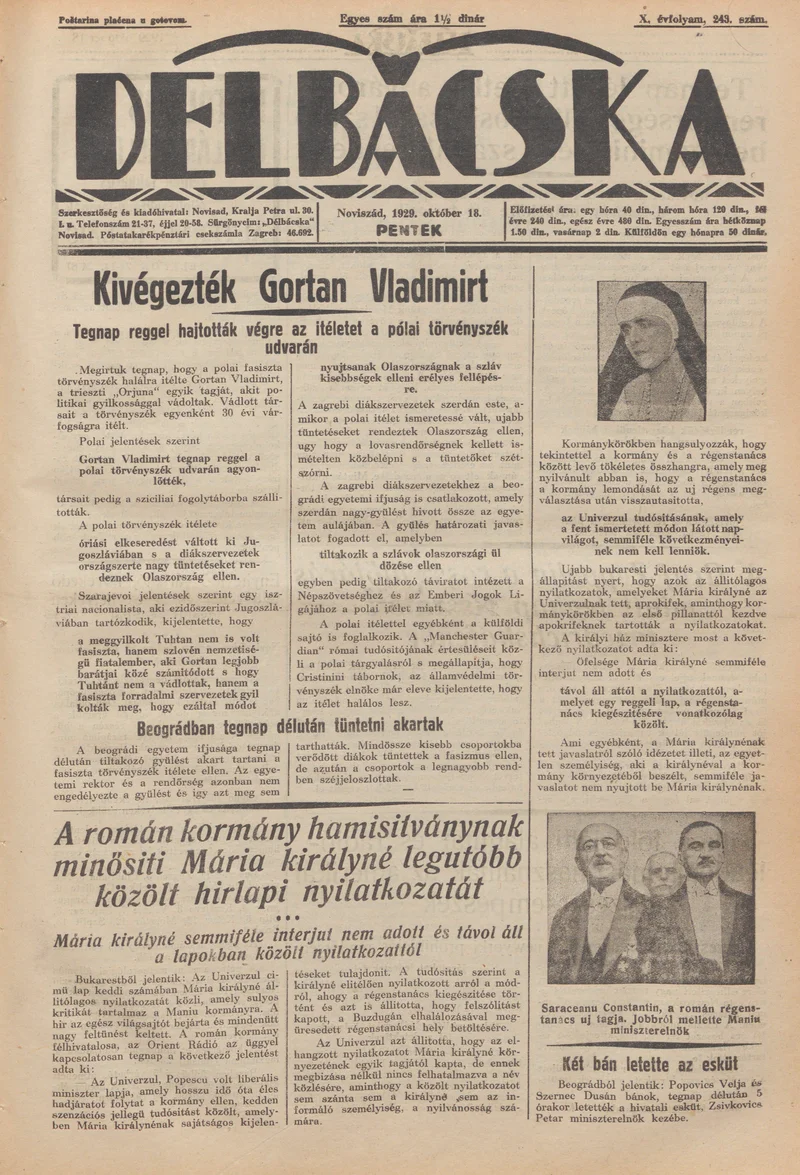 Délbácska, 10. évf. 1929. október 18. 243. sz.