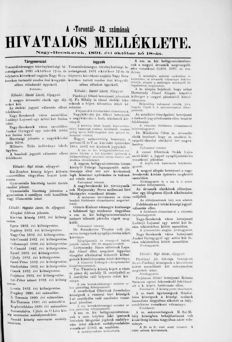 A Totontál  hivatalos melléklete, 4. évf. 1891. október 18. 42. sz.