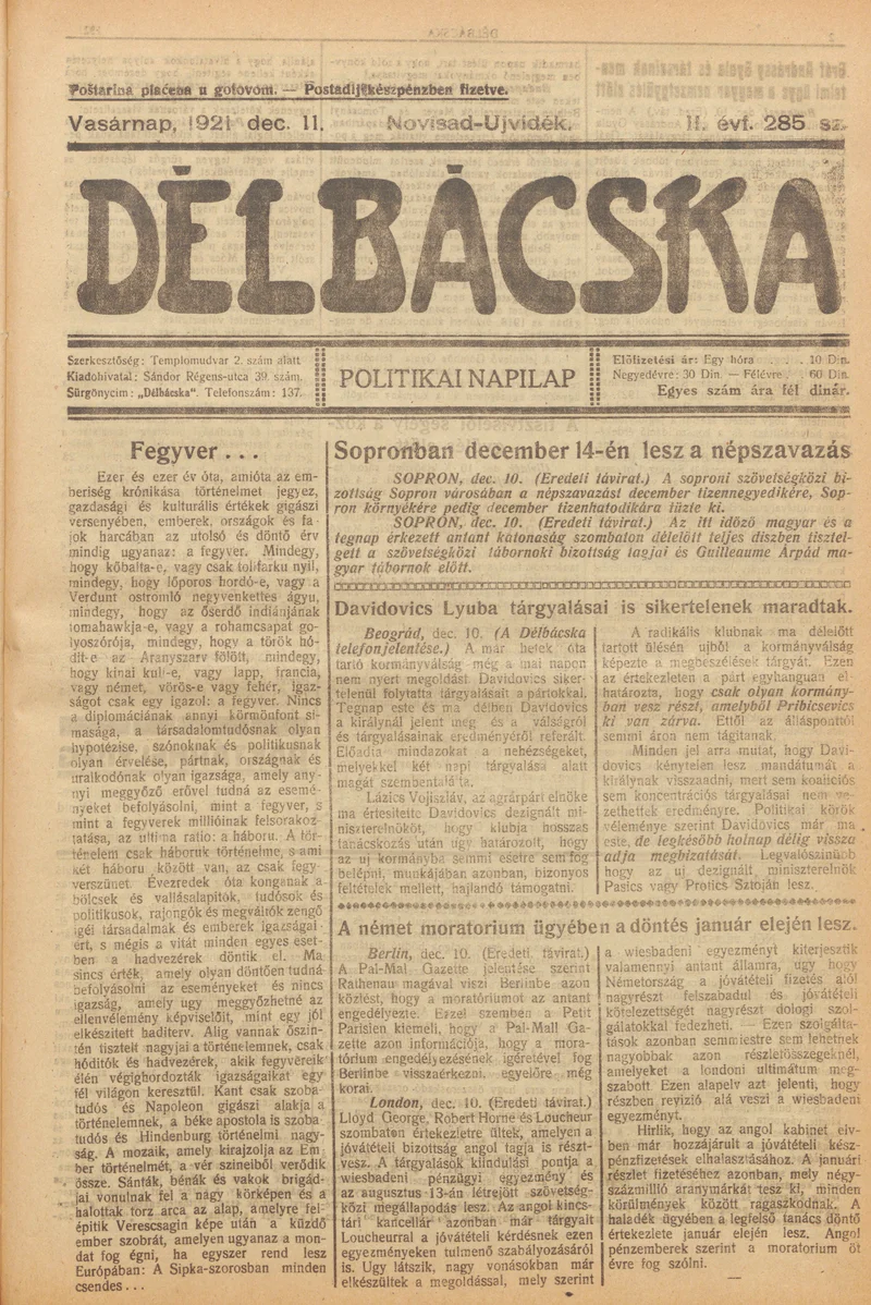 Délbácska, 2. évf. 1921. december 11. 285. sz.