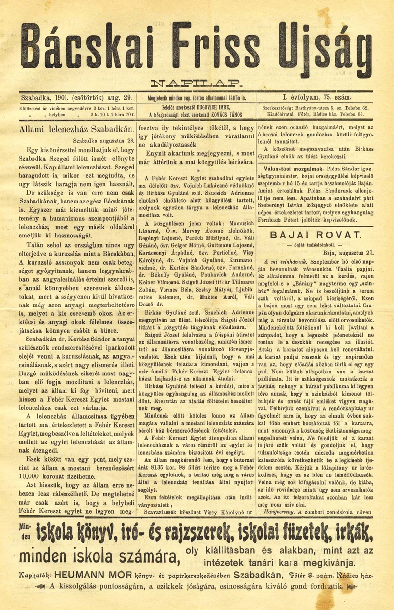 Bácskai Friss Ujság, 1. évf. 1903. augusztus 29. 75. sz.