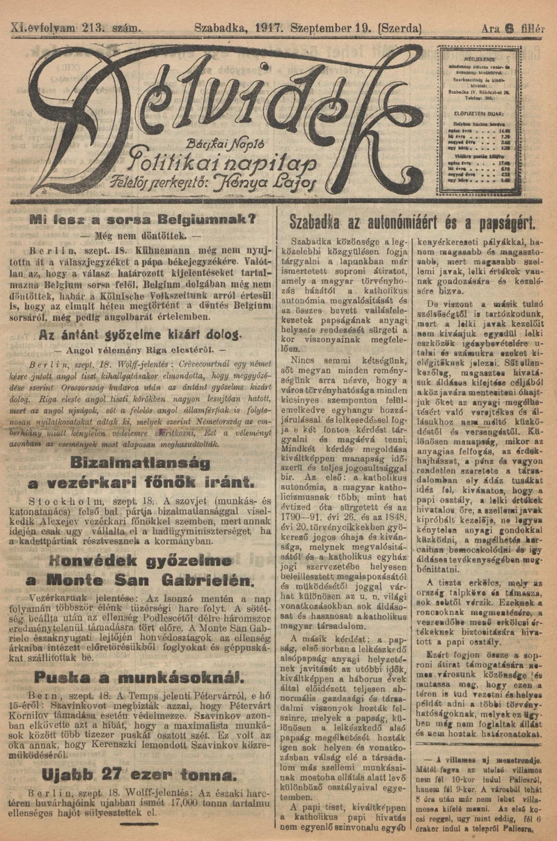 Délvidék, 11. évf. 1917. szeptember 19. 213. sz.