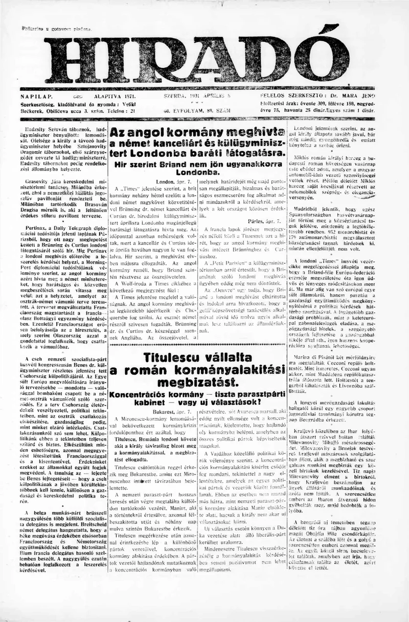 Híradó, 60. évf. 1931. április 8. 80. sz.