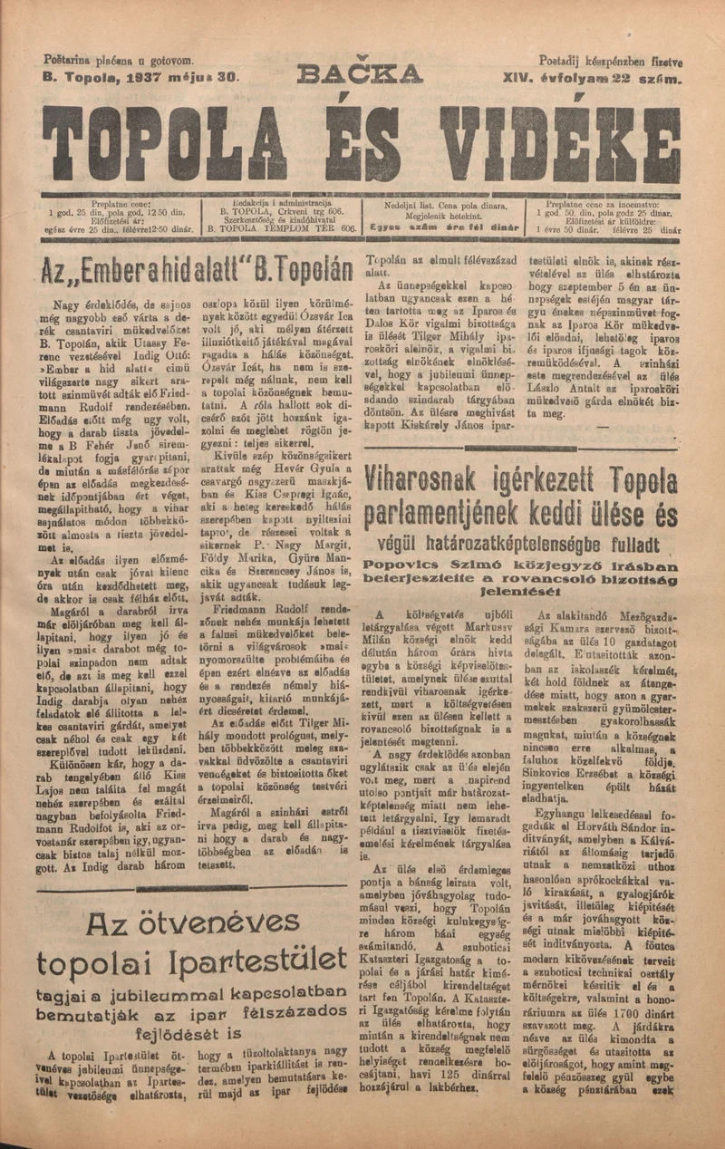 Bačka Topola és Vidéke, 14. évf. 1937. május 30. 22. sz.