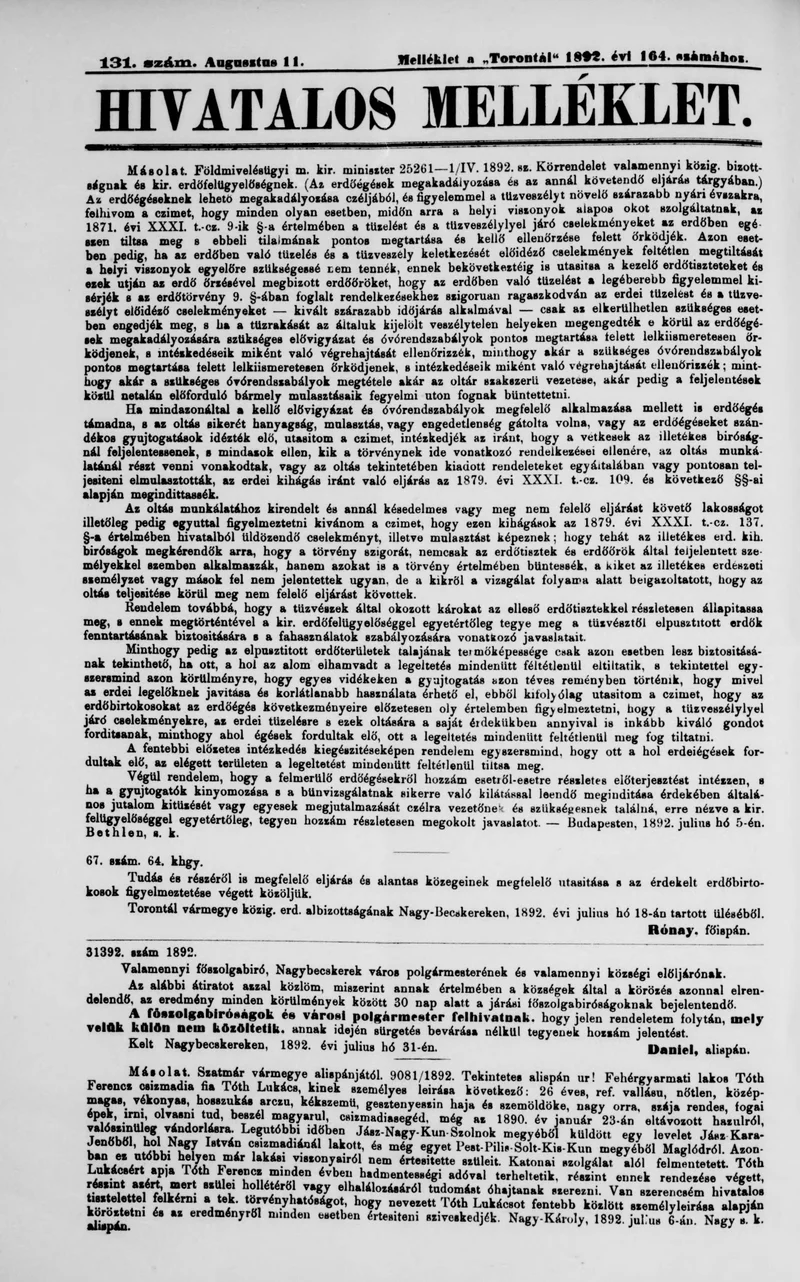 A Totontál  hivatalos melléklete, 5. évf. 1892. augusztus 11. 131. sz.
