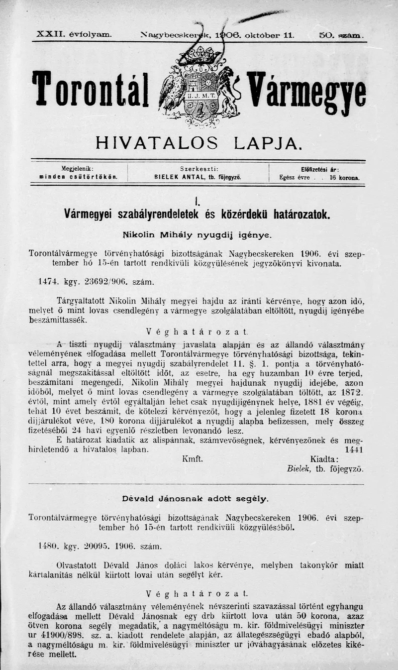 Torontál Vármegye Hivatalos Lapja, 22. évf. 1906. október 11. 50. sz.