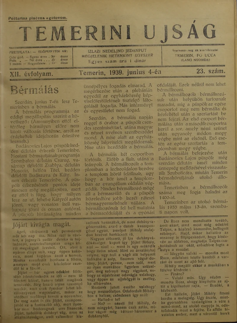 Temerini Újság 1928-1944, 12. évf. 1939. június 4. 23. sz.