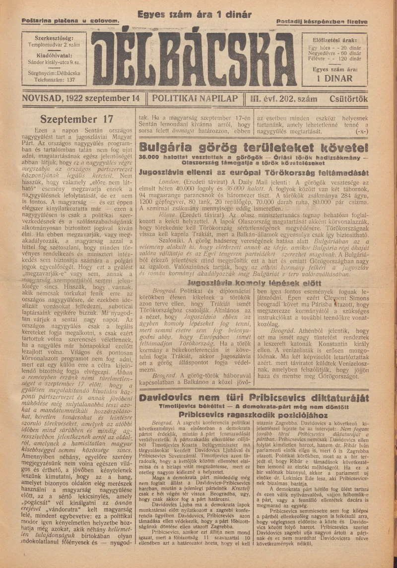 Délbácska, 3. évf. 1922. szeptember 14. 202. sz.