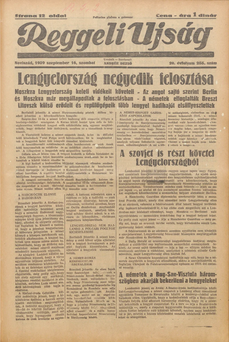 Reggeli Újság, 20. évf. 1939. szeptember 16. 255. sz.