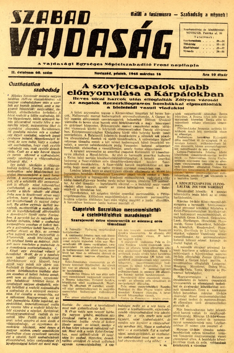 Szabad Vajdaság, 2. évf. 1945. március 16. 60. sz.